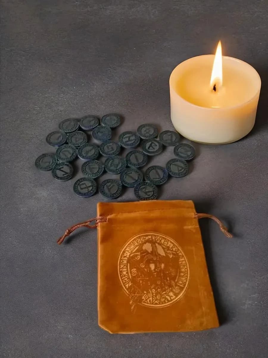 Набор скандинавских рун, 25 шт, нат.кожа темная (с мешочком) 2