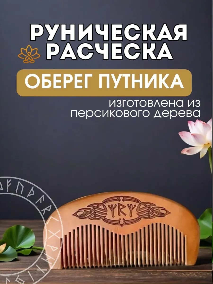 Расческа руническая "Оберег путника", персиковое дерево,