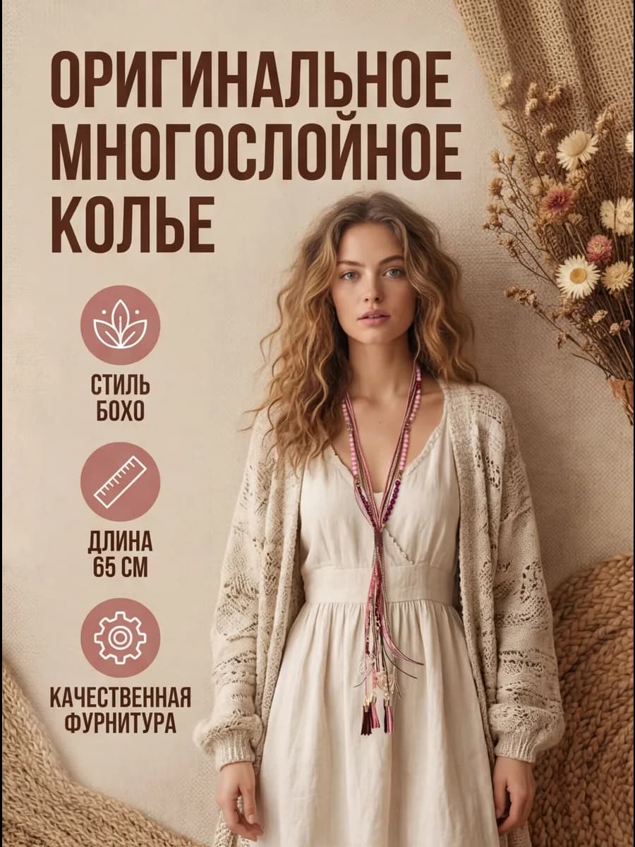 Бохо колье многослойное "Ева" розовый * A