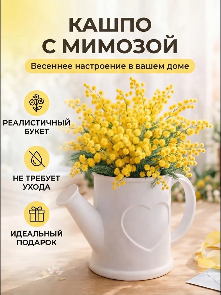 Искусственные цветы для декора Мимоза в кашпо из гипса